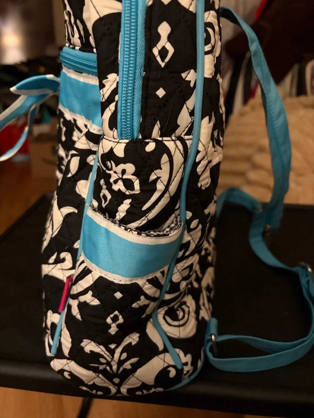 N. Gil Quilted Damask Mini Backpack with Blue Bow Detail